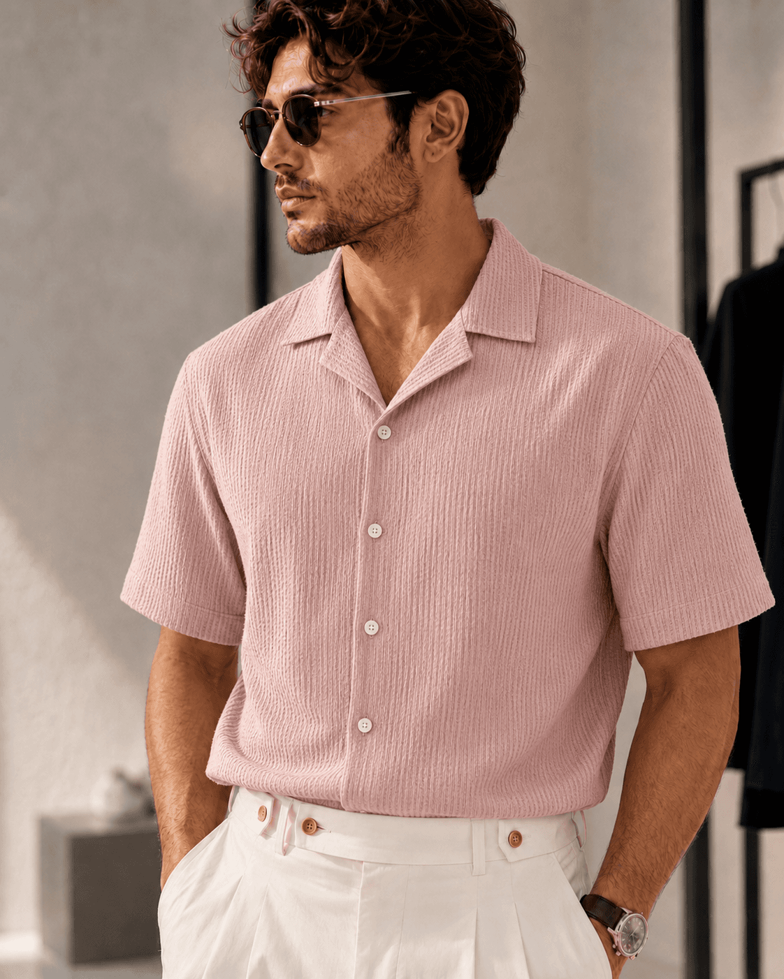 Chemise texturée rose poudré